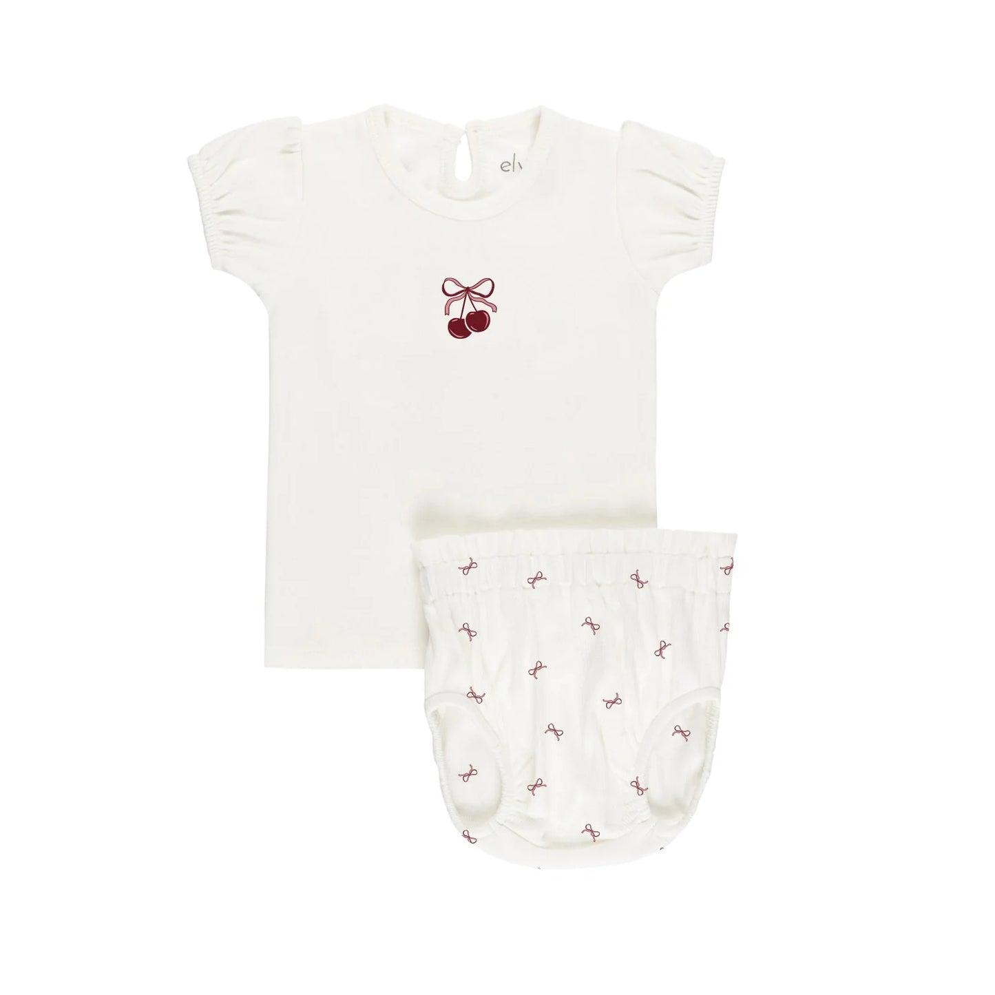 Ivory/Pink Pointelle Bow Print T-shirt+Bloomer