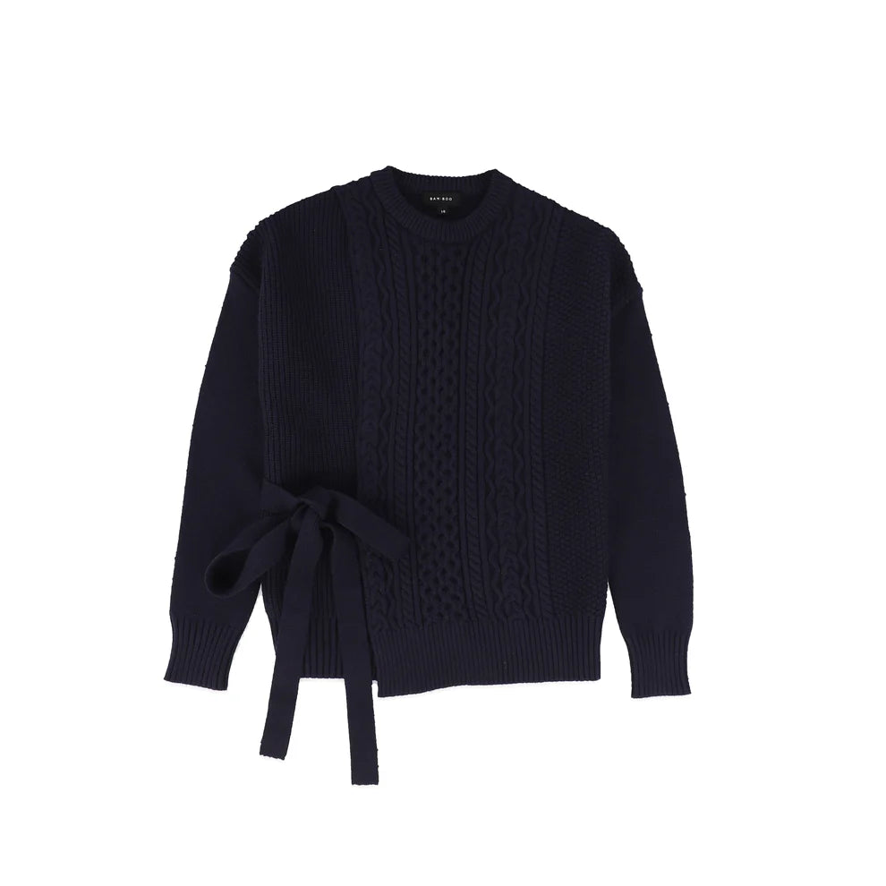 Navy Mid Side Tie Sweater and Knit Seam Flare Skirt