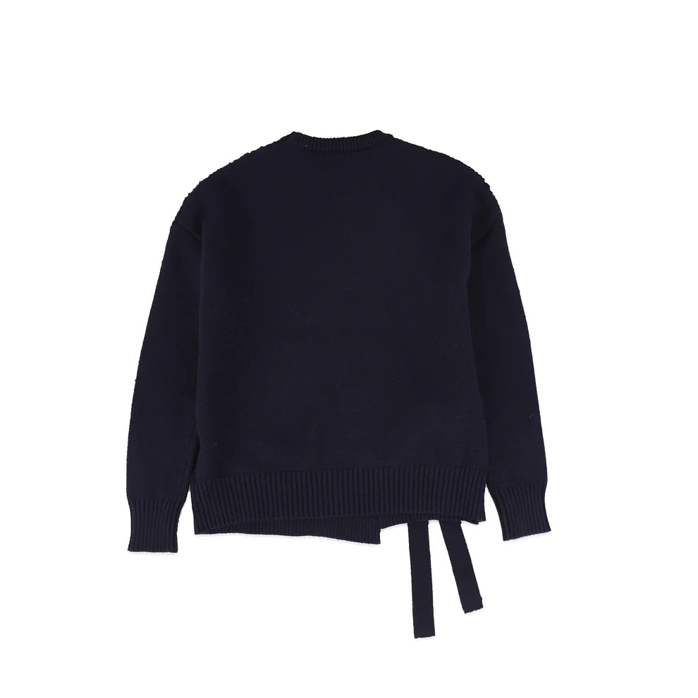 Navy Mid Side Tie Sweater and Knit Seam Flare Skirt