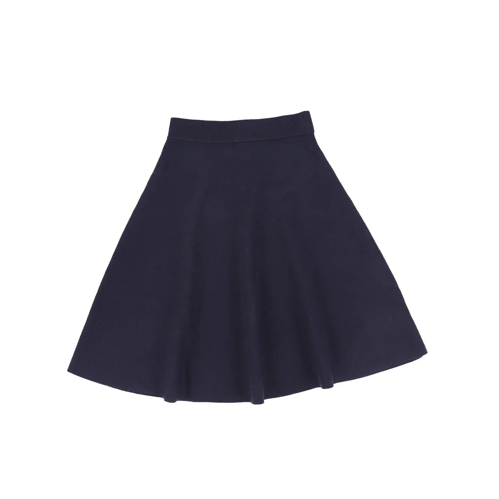 Navy Mid Side Tie Sweater and Knit Seam Flare Skirt