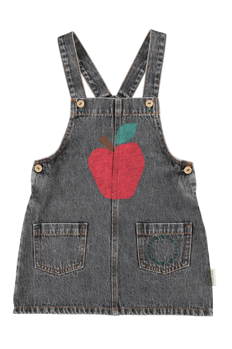 Short Dress with Straps Washed Black Denim with Apple Print