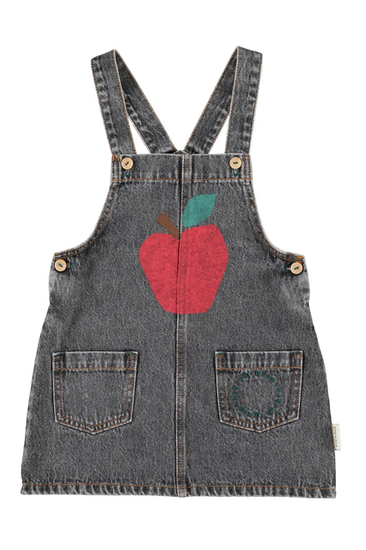 Short Dress with Straps Washed Black Denim with Apple Print