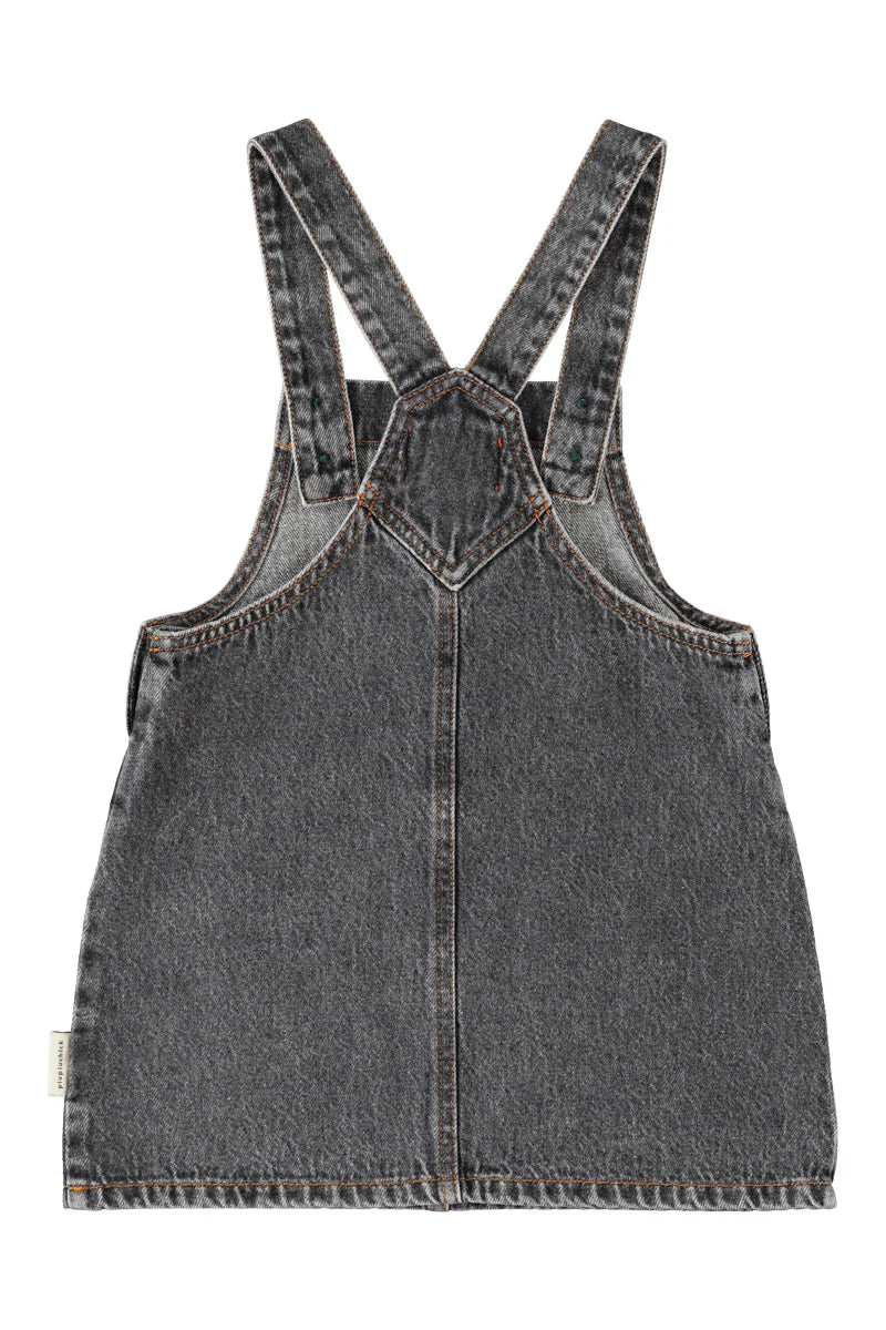Short Dress with Straps Washed Black Denim with Apple Print