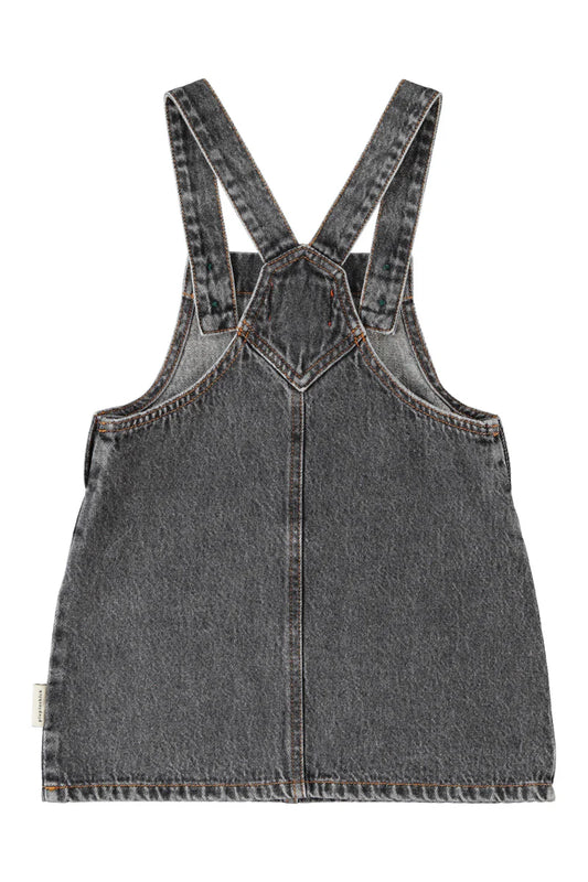 Short Dress with Straps Washed Black Denim with Apple Print