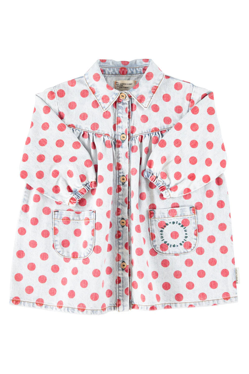 Short Dress Light Blue Denim with Red Dots