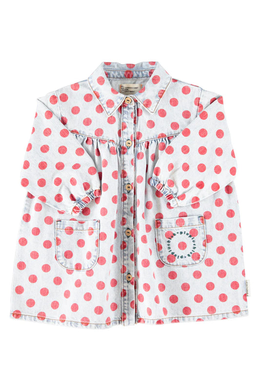 Short Dress Light Blue Denim with Red Dots