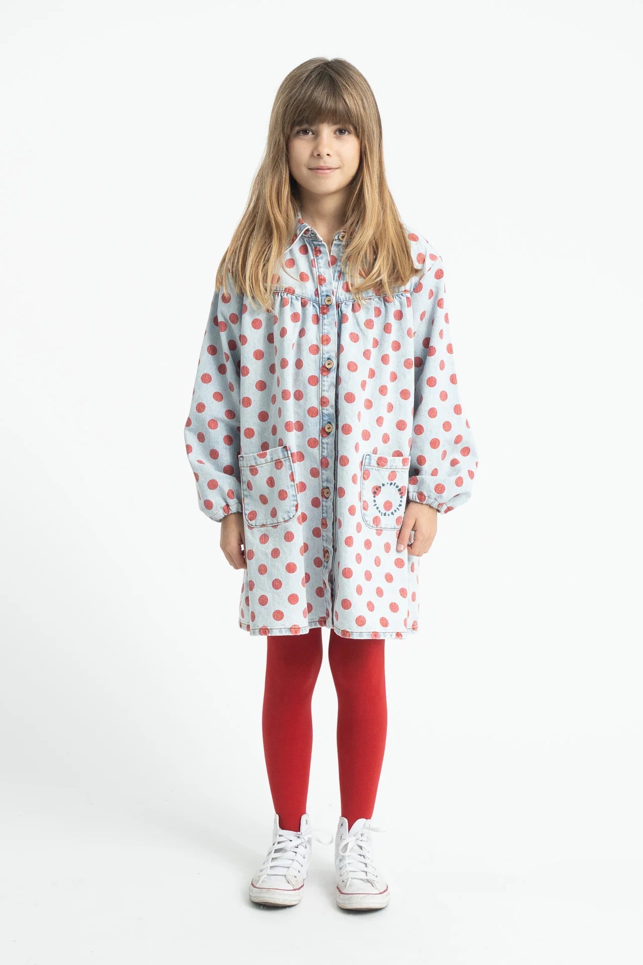 Short Dress Light Blue Denim with Red Dots