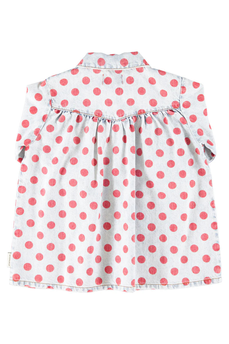 Short Dress Light Blue Denim with Red Dots