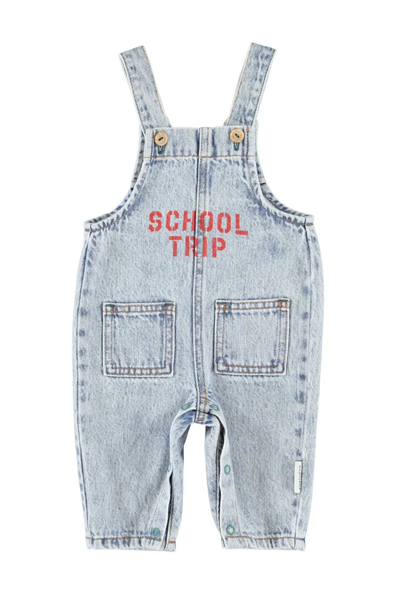 Dungarees Fadded Light Blue Denim w/ "school trip" Print