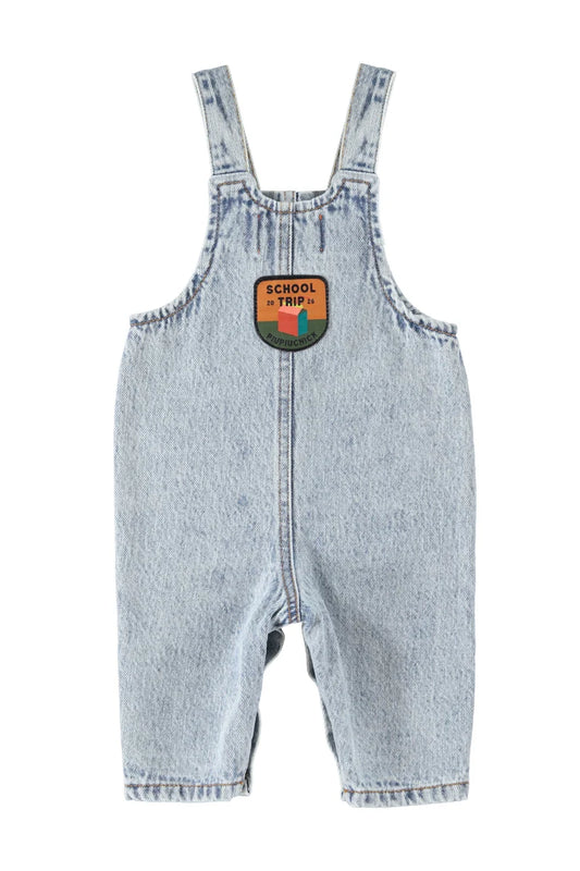 Dungarees Fadded Light Blue Denim w/ "school trip" Print