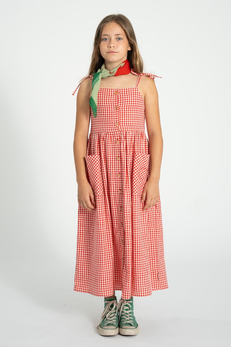 Red & Ecru Checkered Long Dress