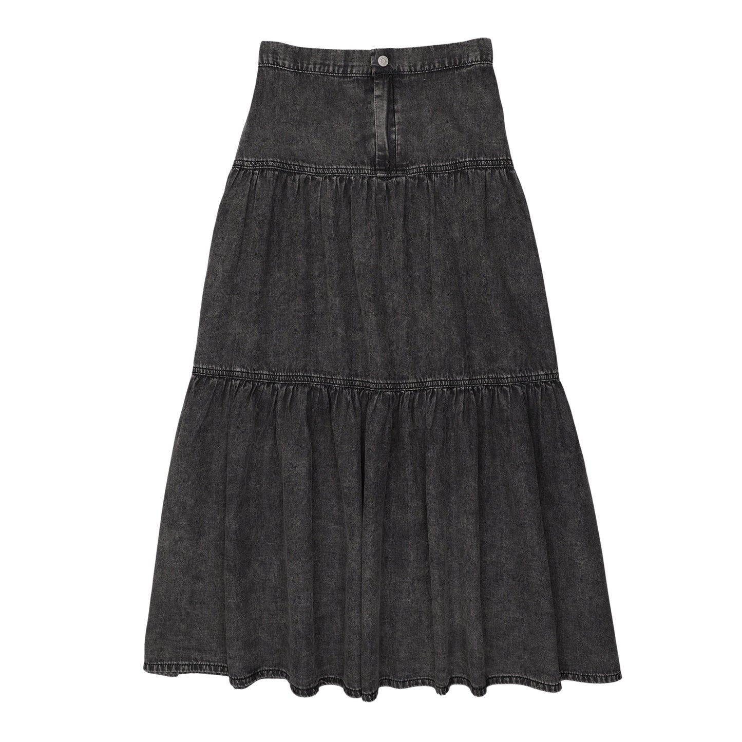 Black Wash Denim Tiered Maxi Skirt