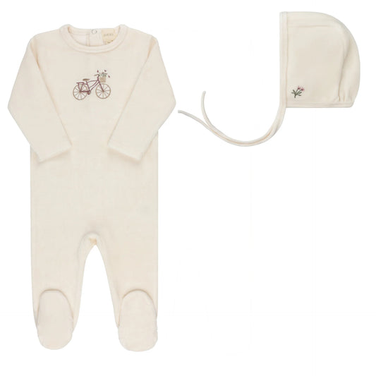 Velour Bicycle Collection - Ivory/Girl - Footie + Bonnet