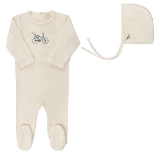 Velour Bicycle Collection - Ivory/Boy - Footie + Bonnet