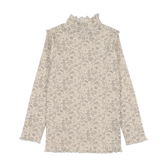 Scalloped Edge Mockneck Floral Print- Black