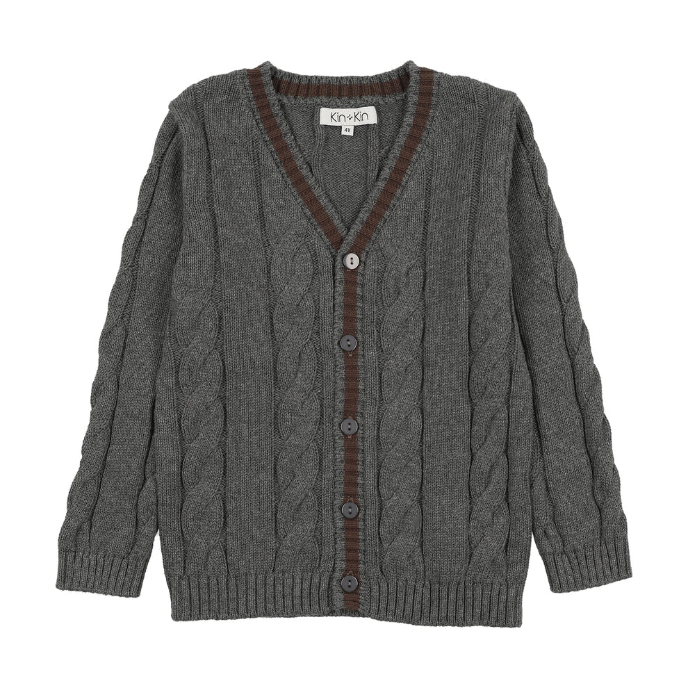 Knit Contrast Trim Cardigan Grey - Brown