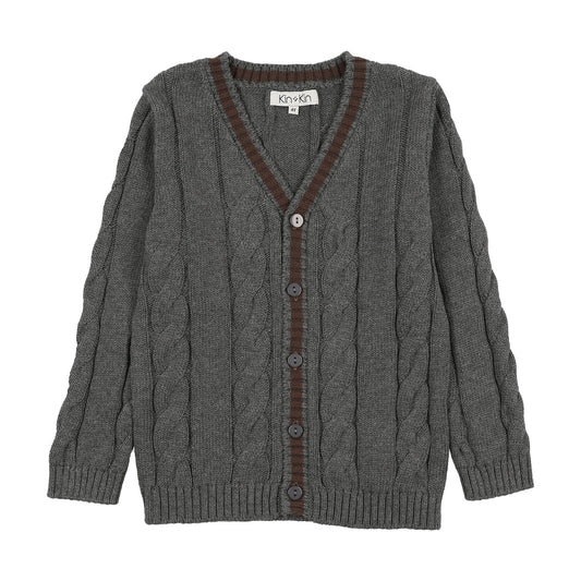 Knit Contrast Trim Cardigan Grey - Brown