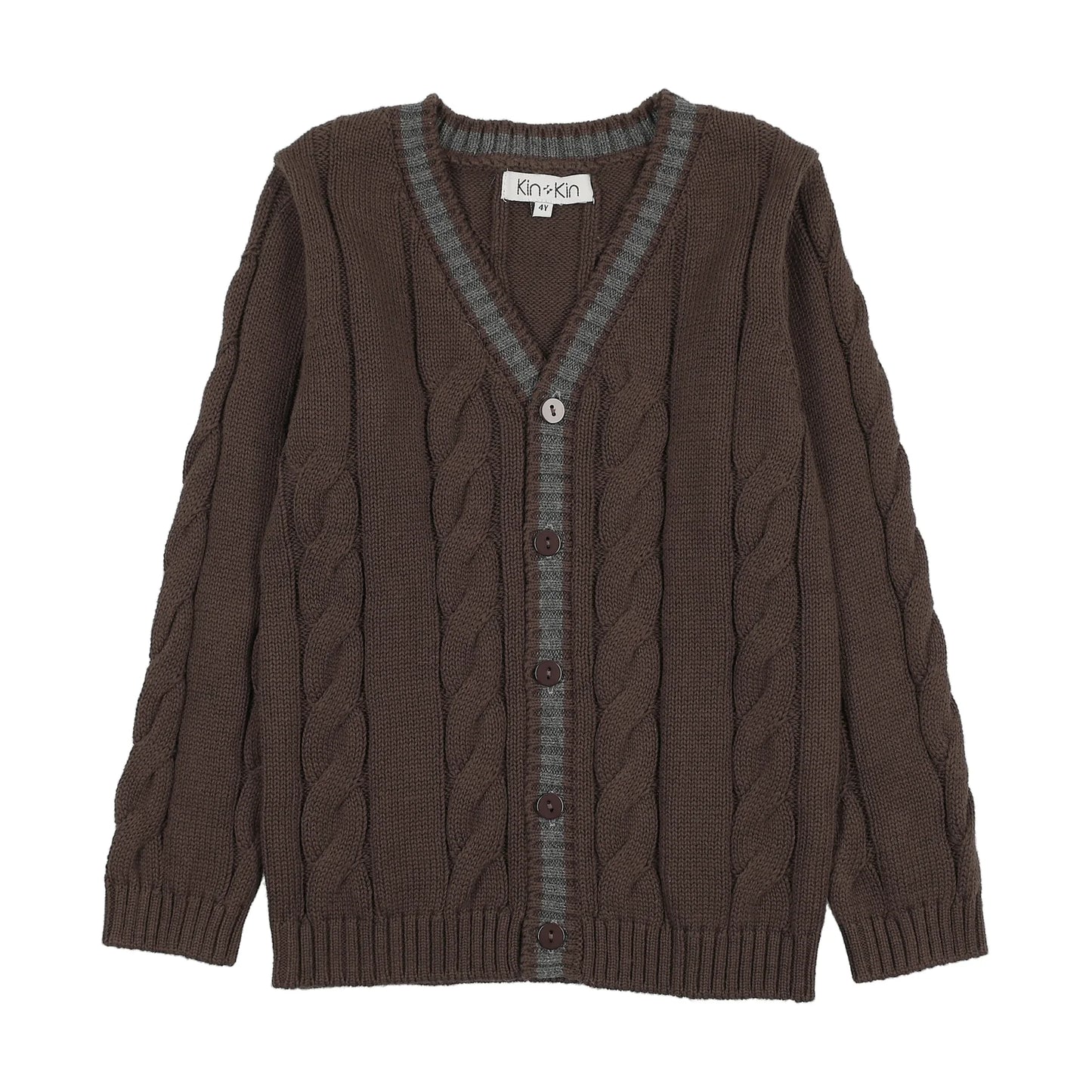 Knit Contrast Trim Cardigan Brown - Grey