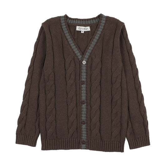 Knit Contrast Trim Cardigan Brown - Grey