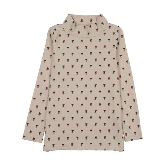 Burgundy Tulip Print Mock Neck T-Shirt