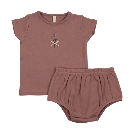 Bouquet Graphic Short Sleeve Set With Bloomer- Mauve