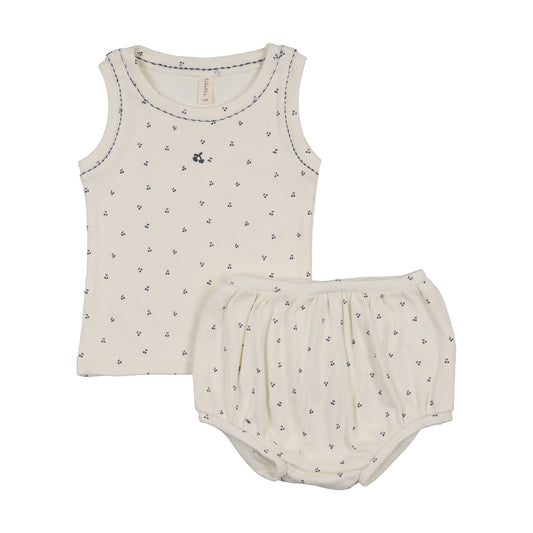 Cherry Pointelle Tank Set Cream/Blue