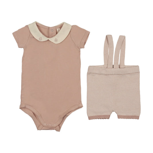 Two Tone Knit Short Suspender Set- Pink