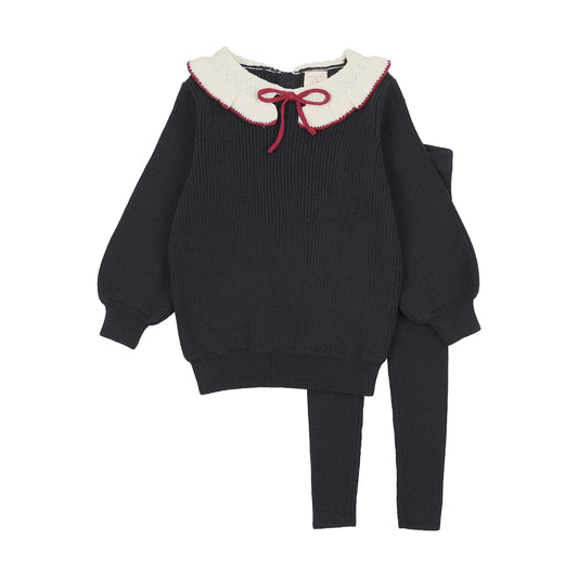Ruffle Collar Knit Toddler Set Girl- Navy