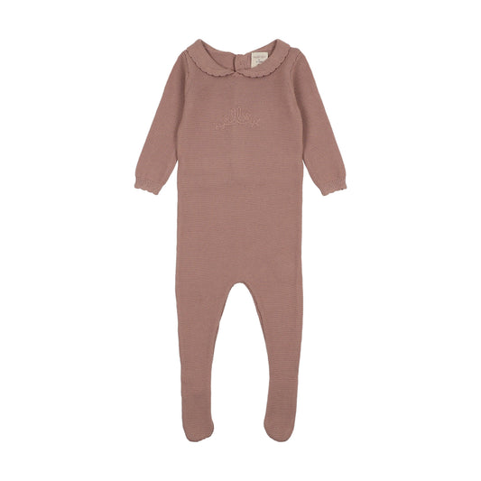 Knit Embroidered Footie Set- Dried Rose