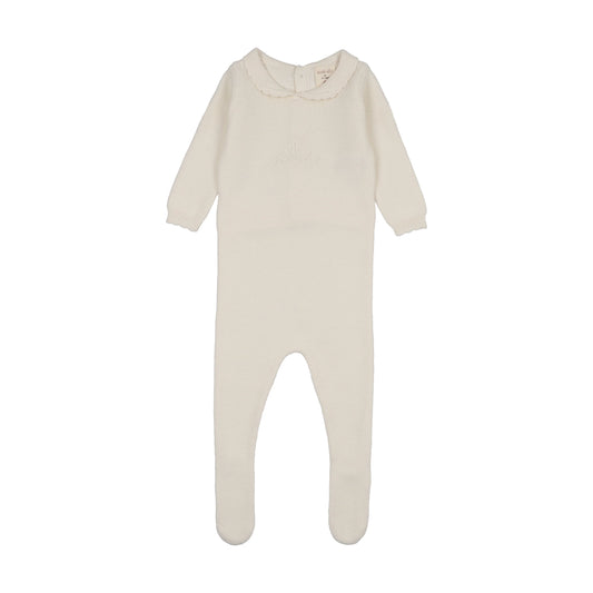 Knit Embroidered Footie Set- Cream