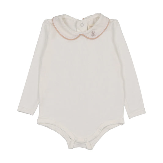 Peter Pan Onesie With Piping- White/Dried Rose