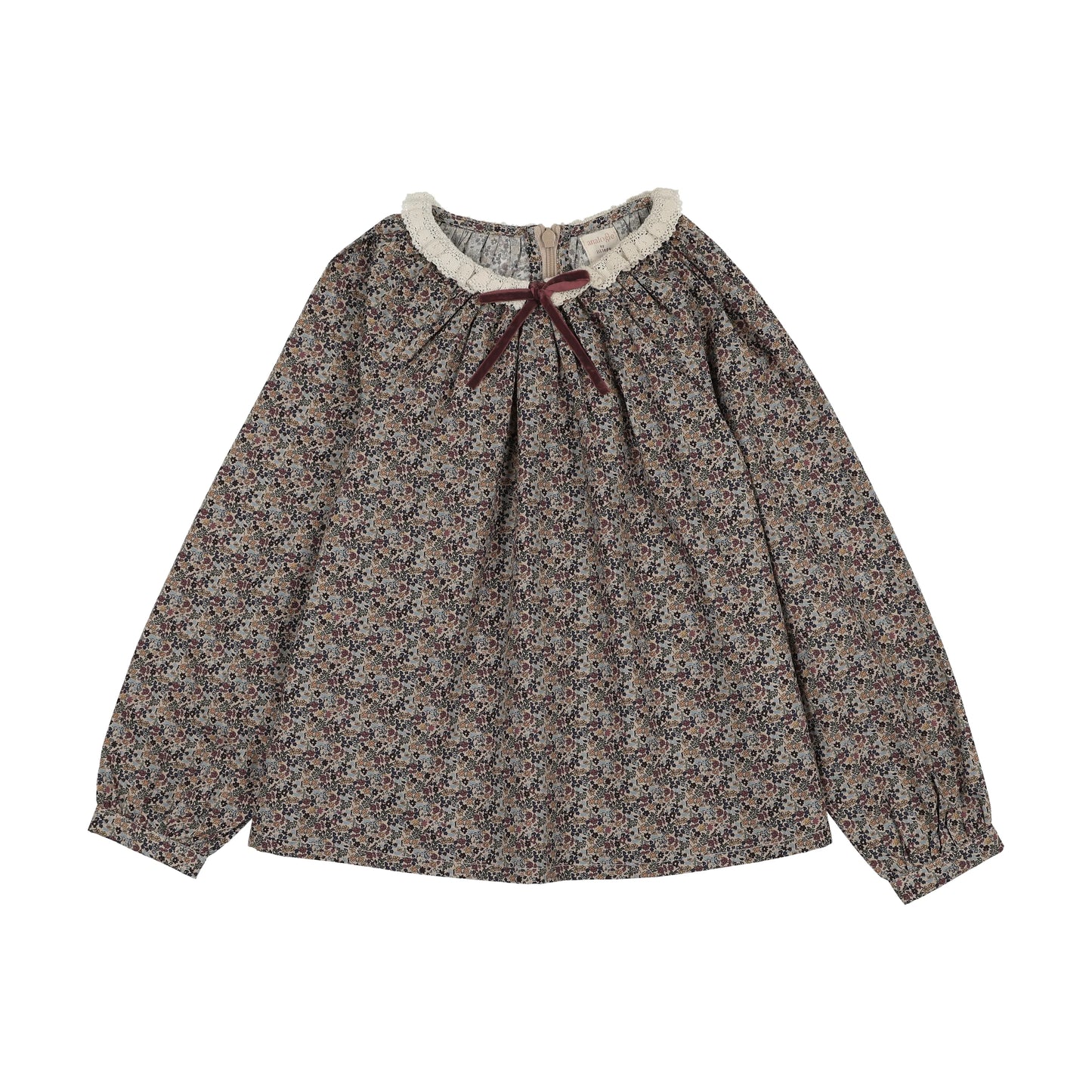 Home Garden Lace Trim Collared Blouse- Oxford Tan Print