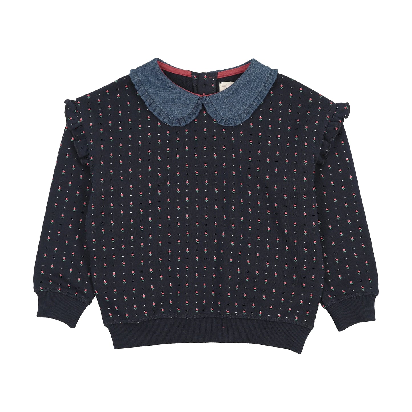 Sweet Campaign Denim Collar Ruffle Sweatshirt- Navy Print