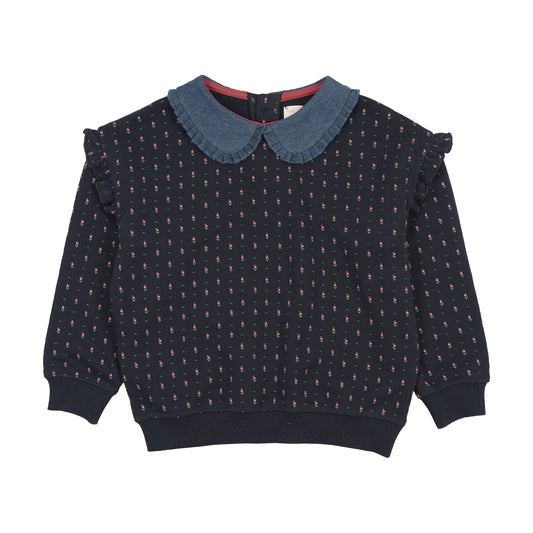 Sweet Campaign Denim Collar Ruffle Sweatshirt- Navy Print