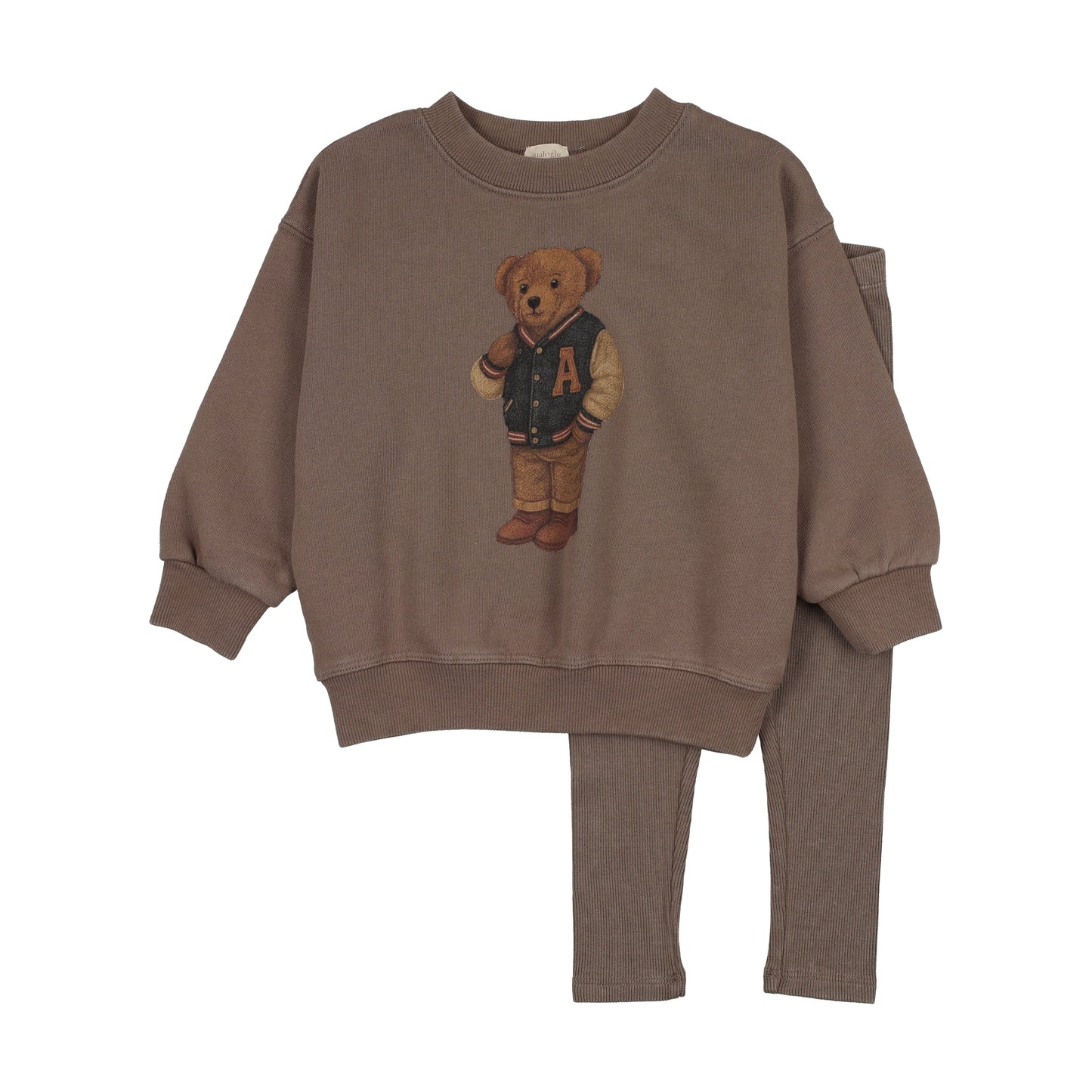 Varsity Bear Sweatshirt Set- Washed Brown