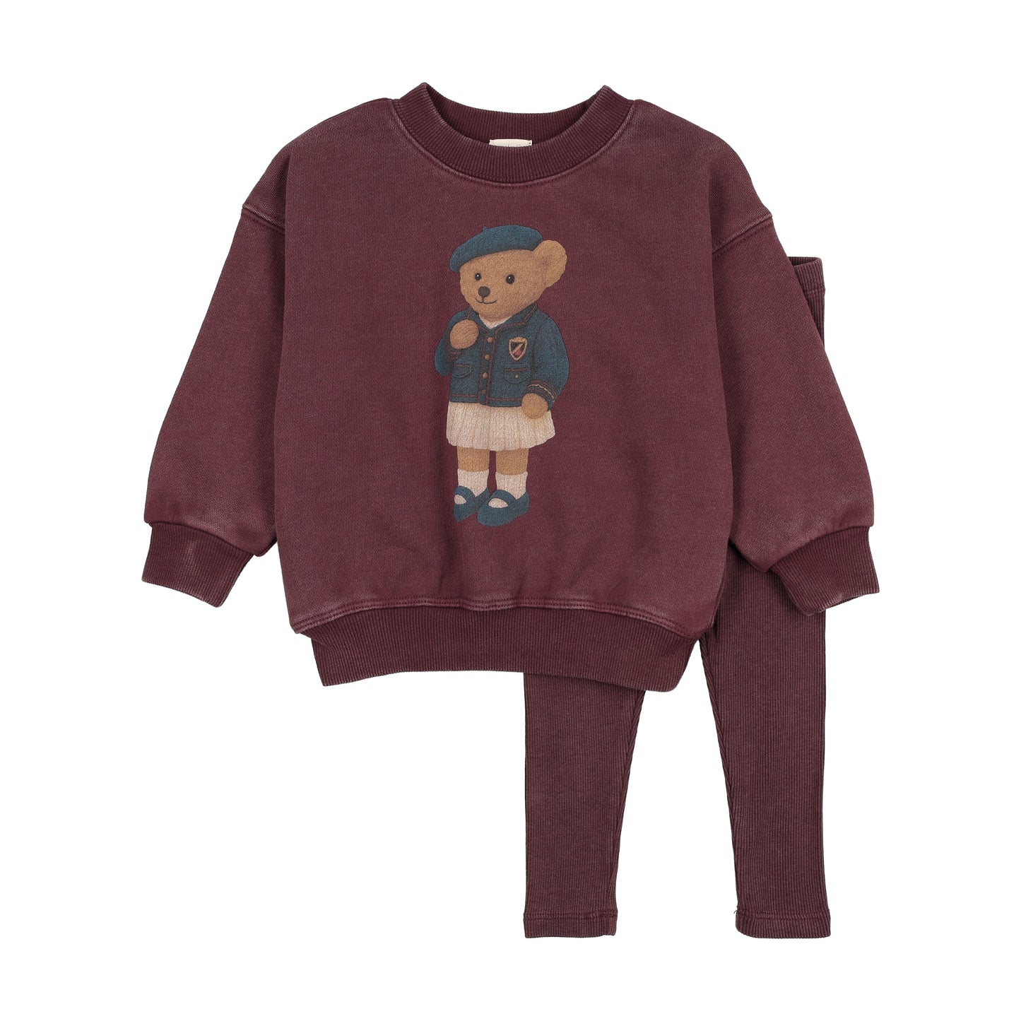 Varsity Bear Sweatshirt Set- Washed Burgundy