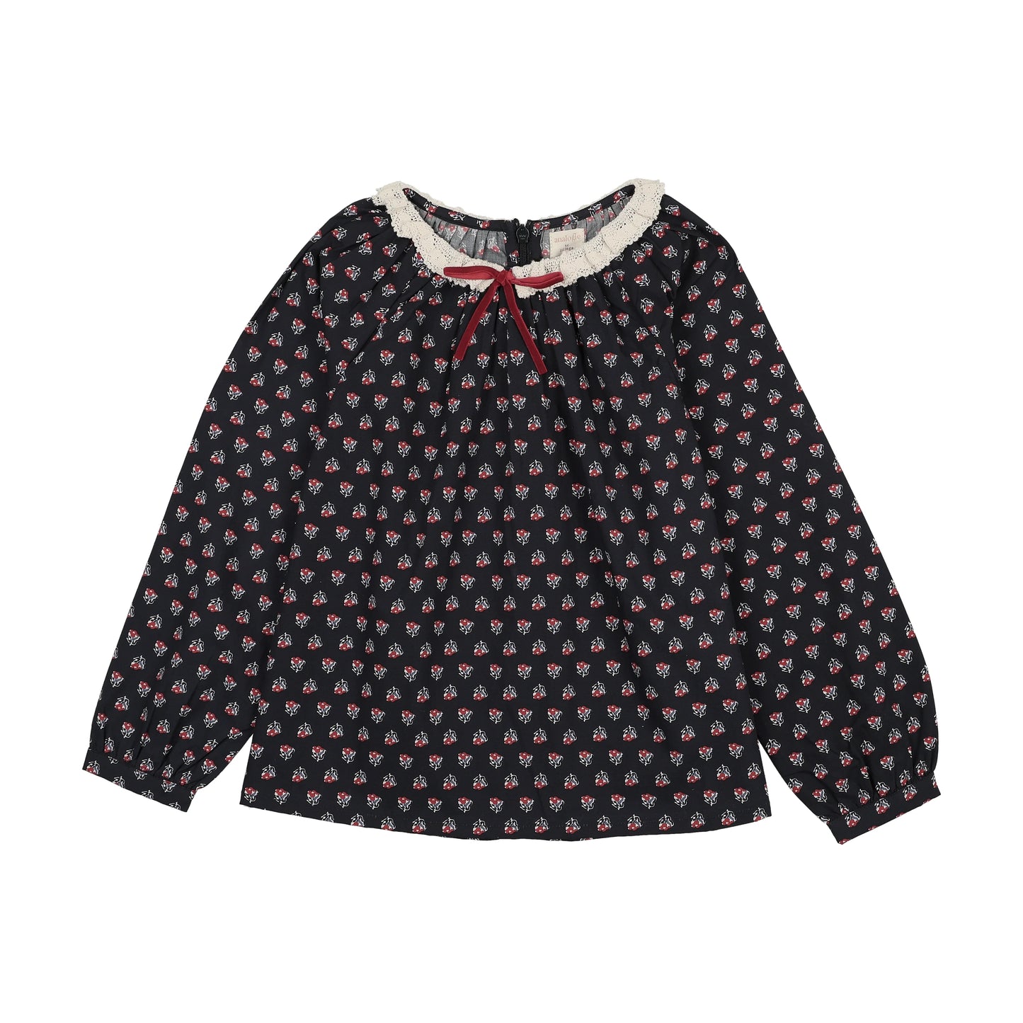 Home Garden Lace Trim Collared Blouse- Navy Print