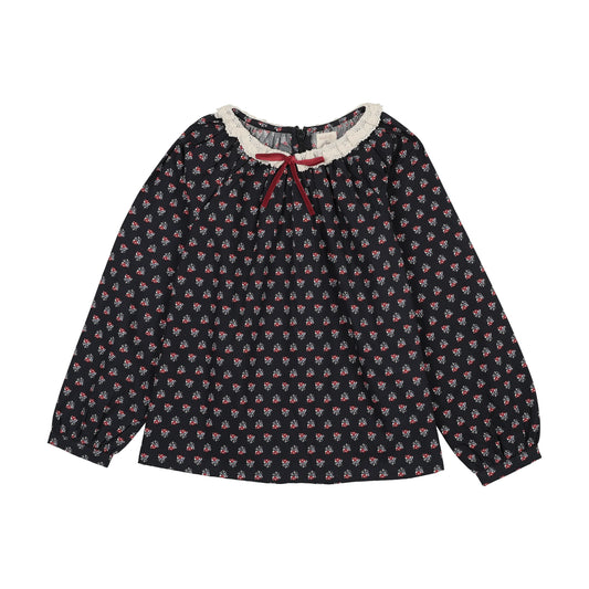 Home Garden Lace Trim Collared Blouse- Navy Print
