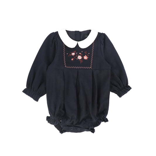 Wool Embroidered Romper - Navy