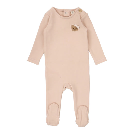 Bear Applique Footie Dusty Pink