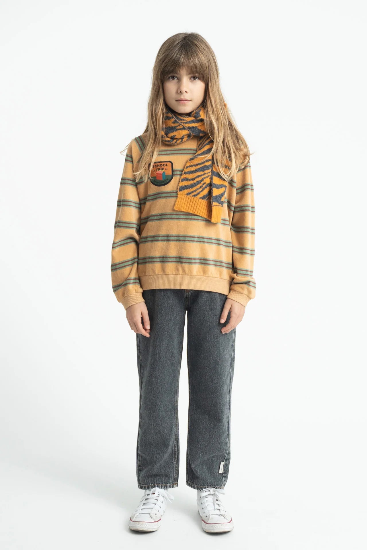 Terry Cotton Sweatshirt Sand with Double Stripes