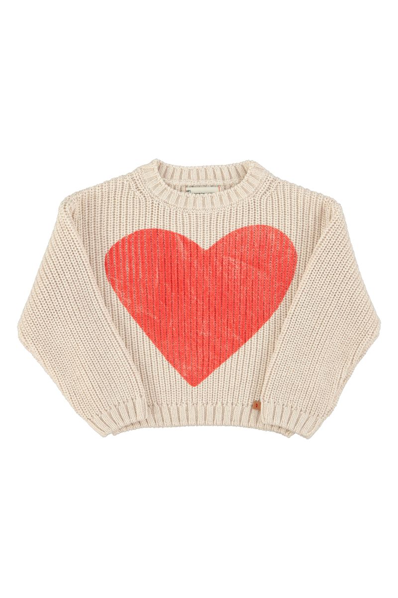 Knitted Sweater Ecru with Red Heart Print
